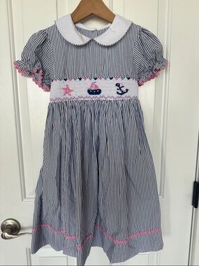 marmellata Navy & White Striped Smocked Nautical Dress with Pink Trim